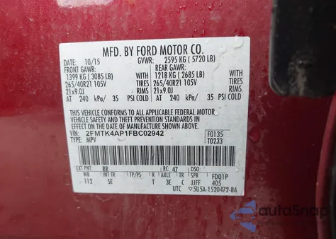 2015 Ford Edge Sport from USA, damaged, VIN 2FMTK4AP1FBC02942